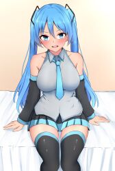 Rule 34 | 1girl, arm support, armpit crease, bare shoulders, baretto (karasi07), black skirt, black thighhighs, blue eyes, blue hair, blue necktie, blush, breasts, collared shirt, commentary, covered erect nipples, detached sleeves, gradient background, grey shirt, hair between eyes, hatsune miku, highres, impossible clothes, impossible shirt, large breasts, long hair, long sleeves, looking at viewer, miniskirt, necktie, on bed, open mouth, pleated skirt, shirt, simple background, sitting, skirt, sleeveless, sleeveless shirt, solo, straight-on, thighhighs, thighs, twintails, very long hair, vocaloid, zettai ryouiki