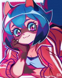 Rule 34 | 1girl, :3, animal ears, animal hands, blue hair, brand new animal, breasts, cleavage, closed mouth, furry, furry female, hand up, highres, jacket, kagemori michiru, long sleeves, looking at viewer, lying, on stomach, open clothes, open jacket, pink eyes, raccoon girl, red eyes, signature, smile, solo, sui (suizilla), tail