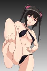 Rule 34 | 1girl, barefoot, bikini, black hair, blush, feet, female focus, foot focus, from below, hand on own hip, highres, leg up, long hair, looking at viewer, open mouth, parted lips, pink eyes, pov, senki zesshou symphogear, smile, soles, solo, standing, standing on one leg, swimsuit, toes, tsukuyomi shirabe, twintails