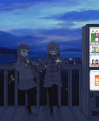 Rule 34 | 2girls, bag, can, cellphone, cityscape, coat, diode (0 division), highres, leaning, loafers, multiple girls, night, original, pantyhose, phone, railing, scarf, shoes, shoulder bag, sky, vending machine