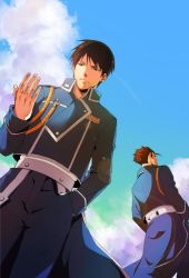 Rule 34 | 2boys, back turned, bad id, bad pixiv id, black eyes, black hair, cloud, day, from below, frown, fullmetal alchemist, hand in pocket, looking down, maes hughes, male focus, military, military uniform, multiple boys, out of frame, outstretched hand, roy mustang, saka (724596338), serious, shaded face, short hair, sky, uniform