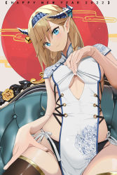 Rule 34 | 1girl, :3, absurdres, alternate costume, arknights, auguste, black panties, blonde hair, blue eyes, blue hairband, blush, braid, breasts, brown thighhighs, china dress, chinese clothes, closed mouth, clothes lift, clothing cutout, commentary, couch, covered navel, dragon horns, dress, hairband, hand on own thigh, happy new year, head tilt, highres, horns, large hands, lifting own clothes, long hair, looking at viewer, medium breasts, new year, on couch, panties, pointy ears, saileach (arknights), short sleeves, sideless outfit, sitting, smile, solo, thighhighs, twin braids, underboob, underboob cutout, underwear, white dress