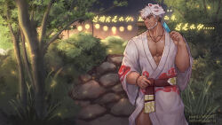 Rule 34 | 1boy, bara, beard, check copyright, chinese text, copyright request, dark-skinned male, dark skin, facial hair, feet out of frame, festival, forest, highres, holding food, holding ice cream, ice cream, japanese clothes, kimono, kulolin, large pectorals, looking back, male focus, mask lift, mature male, muscular, muscular male, nature, open clothes, open kimono, original, pectoral cleavage, pectorals, short hair, smile, solo, standing, thick eyebrows, thighs, translation request, tree, white hair, yukata