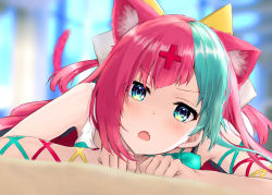 Rule 34 | 1girl, animal ears, aqua eyes, aqua hair, blush, cat ears, cat tail, commentary request, fang, hair ornament, haru (re ilust), highres, kemonomimi mode, looking at viewer, lying, multicolored hair, on stomach, open mouth, pink hair, pinky pop hepburn, solo, tail, the moon studio, two-tone hair, virtual youtuber, x hair ornament
