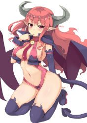 Rule 34 | 1girl, bat wings, blush, breasts, demon girl, demon tail, disgaea, finger in own mouth, highres, horns, long hair, looking at viewer, medium breasts, midriff, navel, pink eyes, pink hair, pointy ears, red eyes, revealing clothes, solo, succubus (disgaea), tail, thighhighs, tinpam, wings