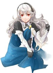 Rule 34 | 1girl, armor, black gloves, black hairband, blue cape, cape, closed mouth, corrin (female) (fire emblem), corrin (fire emblem), fire emblem, fire emblem fates, gloves, hairband, long hair, nintendo, pointy ears, red eyes, robaco, simple background, smile, solo, twitter username, white background, white hair