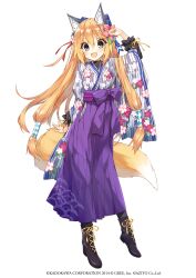 Rule 34 | 1girl, :d, animal ears, arm up, black footwear, blonde hair, blue bow, blue eyes, boots, bow, breasts, commentary request, cross-laced footwear, flower, fox ears, fox girl, fox tail, full body, hair between eyes, hair bow, hair flower, hair ornament, hakama, highres, japanese clothes, lace-up boots, long hair, long sleeves, looking at viewer, medium breasts, mihara jou, official art, open mouth, pink flower, puffy long sleeves, puffy sleeves, purple hakama, saeki touma, shirohime quest, simple background, smile, solo, standing, tail, very long hair, white background, wide sleeves, yagasuri