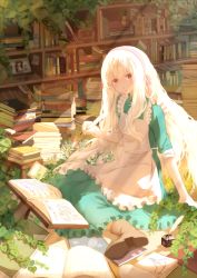 Rule 34 | 1girl, absurdres, apron, arm support, bad id, bad pixiv id, blonde hair, book, book stack, bookshelf, boots, dress, expressionless, flower, frilled dress, frills, hair ribbon, highres, inkwell, ivy, kagerou project, kozakura marry, light rays, long hair, looking at viewer, overgrown, pale skin, pink eyes, quill, red eyes, ribbon, sitting, sleeves pushed up, solo, spencer sais, sunlight, very long hair, white hair, writing, yokozuwari
