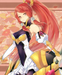 Rule 34 | 1girl, arc system works, armor, armored dress, bare shoulders, blazblue, blazblue: chronophantasma, breasts, detached sleeves, hair tubes, hutuumikan, izayoi (blazblue), lips, long hair, ponytail, red eyes, red hair, shield, solo, very long hair