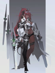 Rule 34 | 1girl, breasts, cleavage, concept art, dark-skinned female, dark skin, eyewear on head, grey background, heterochromia, highres, holding, holding weapon, large breasts, long hair, looking at viewer, navel, original, outside border, pointy ears, ponytail, red hair, revealing clothes, simple background, smjim1986, solo, standing, sword, weapon, white background
