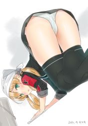 Rule 34 | 10s, 1girl, 2016, all fours, ama mitsuki, anchor hair ornament, aqua eyes, ass, black skirt, black thighhighs, blonde hair, bucket, cleaning, cross, dated, dutch angle, from behind, hair ornament, head scarf, iron cross, kantai collection, long hair, looking back, low twintails, military, military uniform, miniskirt, no shoes, over-kneehighs, panties, pleated skirt, prinz eugen (kancolle), rag, skirt, sleeves rolled up, solo, thighhighs, thighs, twintails, underwear, uniform, white panties