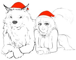 Rule 34 | 1girl, breasts, cleavage, djayo, fang, fluffy, hat, lying, monochrome, on stomach, original, santa hat, sketch, smile, spot color, wolf