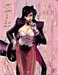 Rule 34 | 1girl, alex ahad, black hair, bow, bowtie, breasts, character name, cleavage, dc comics, detached collar, finger to mouth, gloves, hat, highres, huge breasts, looking at viewer, magician, pantyhose, shushing, solo, top hat, white gloves, zatanna zatara