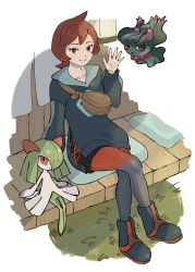 Rule 34 | 1girl, arezu (pokemon), black shorts, boots, closed mouth, collarbone, commentary request, creatures (company), crossed legs, cushion, game freak, gen 2 pokemon, gen 3 pokemon, gradient legwear, grass, grey jacket, hand up, highres, imokuma, jacket, kirlia, long sleeves, medium hair, misdreavus, nintendo, pantyhose, pokemon, pokemon (creature), pokemon legends: arceus, red eyes, red hair, shorts, sitting, smile