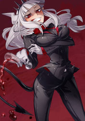 Rule 34 | 1girl, alcohol, black necktie, black suit, blunt bangs, blush, breasts, cluseller, crown, cup, demon girl, demon horns, demon tail, drinking glass, fangs, formal, gloves, grin, helltaker, highres, horns, large breasts, long hair, long sleeves, looking at viewer, lucifer (helltaker), mole, mole under eye, necktie, parted lips, pointy ears, red eyes, red shirt, shirt, smile, solo, spilling, suit, tail, teeth, tsurime, upper body, white gloves, white hair, wine, wine glass