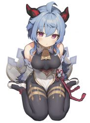 Rule 34 | 1girl, :o, ahoge, arms at sides, bare shoulders, bell, black gloves, blue hair, blush, bodystocking, breasts, cowbell, detached sleeves, flower knot, full body, ganyu (genshin impact), genshin impact, gloves, highres, horns, long sleeves, looking at viewer, medium breasts, parted lips, purple eyes, red ribbon, ribbon, seramikku, short hair, sideboob, sidelocks, simple background, sitting, solo, tassel, thighlet, wariza, white background, white footwear