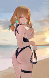 Rule 34 | 1girl, absurdres, ass, bare shoulders, beach, breasts, closed mouth, commentary request, covering nipples, covering privates, cowboy shot, day, from behind, goggles, highres, holding, holding goggles, horizon, janload1ng, looking at viewer, looking back, low twintails, medium breasts, ocean, one-piece swimsuit, original, outdoors, red eyes, sideboob, sky, solo, standing, sun, swimsuit, thigh strap, twintails, water