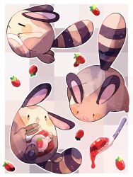Rule 34 | animal focus, brown fur, closed eyes, commentary request, cookie, creatures (company), food, fruit, game freak, gen 2 pokemon, hanabusaoekaki, highres, nintendo, no humans, open mouth, pokemon, pokemon (creature), sentret, solid oval eyes, spoon, strawberry, strawberry jam, tail