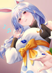 Rule 34 | 1girl, absurdres, animal ears, black bodysuit, blue hair, bodysuit, bow, braid, breasts, carrot, dress, eyelashes, hair bow, highres, hololive, large breasts, long braid, long hair, mary is mine, mature female, multicolored hair, musical note, orange bow, orange sash, parted lips, pekomama, rabbit-shaped pupils, rabbit ears, rabbit girl, rabbit in eyes, red eyes, short eyebrows, solo, streaked hair, symbol-shaped pupils, virtual youtuber, white bow, white dress, white hair