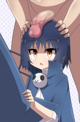 Rule 34 | 10s, 1boy, 1girl, bad id, bad pixiv id, blue hair, brown eyes, censored, clothed female nude male, hat, highres, hiren, maji moji rurumo, mosaic censoring, multitasking, nude, open mouth, penis, penis on head, polka dot, polka dot background, rurumo, short hair, solo focus, witch, witch hat