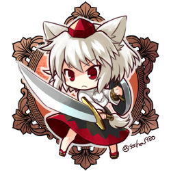 Rule 34 | &gt;:(, 1girl, animal ears, chib, chibi, frown, full body, geta, hat, holding, holding sword, holding weapon, inubashiri momiji, long sleeves, pom pom (clothes), red eyes, shield, short hair, socha, solo, sword, tail, tokin hat, touhou, twitter username, v-shaped eyebrows, weapon, white hair, wolf ears, wolf girl, wolf tail