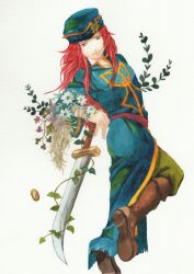 Rule 34 | 1boy, absurdres, arm wrap, blue headwear, boots, brown footwear, coin, fire emblem, flower, ha (nhgch87), highres, joshua (fire emblem), long hair, looking at viewer, male focus, nintendo, red hair, simple background, solo, sword, weapon, white background