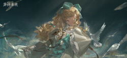 Rule 34 | 1girl, :o, aqua bow, aqua eyes, arm belt, bandaged hand, bandages, belt, bird, blonde hair, blue background, blurry, blurry background, bow, brown belt, copyright name, copyright notice, curly hair, dress, hair bow, hand on own chest, hand up, highres, logo, long hair, long sleeves, looking at viewer, lorelei (reverse:1999), official art, official wallpaper, reverse:1999, solo, upper body, white bird, white dress, wide sleeves