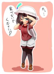Rule 34 | 10s, 1girl, absurdres, backpack, bag, black gloves, black hair, black pantyhose, blue eyes, blush, brown footwear, bucket hat, full body, gloves, grey hat, grey shorts, hair between eyes, hat, hat feather, highres, idaten93, kaban (kemono friends), kemono friends, looking at viewer, one eye closed, open mouth, pantyhose, pink background, red shirt, shirt, shoes, short shorts, short sleeves, shorts, solo, standing, tears, translated, two-tone background, white background