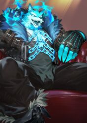 Rule 34 | 1boy, absurdres, black jacket, black pants, blue fire, chain, claws, commentary, dislyte, english commentary, fangs, fingerless gloves, fire, fire body, freddy (dark wolf) (fenrir) (dislyte), fur-trimmed jacket, fur trim, furry, furry male, gloves, highres, jacket, looking at viewer, male focus, neilos, official alternate costume, open mouth, pants, shirt, sitting, smile, torn clothes, torn shirt