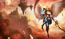 Rule 34 | 1girl, armor, blonde hair, breasts, breasts out, holding, holding sword, holding weapon, kayle (league of legends), large breasts, nipples, non-web source, solo, sword, weapon, wings