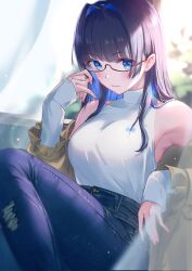 Rule 34 | 1girl, absurdres, armpits, black hair, blue eyes, blue hair, blurry, blurry background, blush, breasts, brown coat, coat, colored inner hair, denim, detached sleeves, glasses, hair intakes, high-waist pants, highres, hololive, hololive english, jeans, large breasts, long hair, looking at viewer, multicolored hair, official alternate costume, ouro kronii, pants, shirt, sleeves past wrists, solo, tokisaka makoto, torn clothes, torn jeans, torn pants, virtual youtuber, white shirt