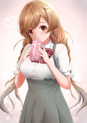 Rule 34 | 1girl, absurdres, blush, bow, bowtie, box, box of chocolates, braid, breasts, chocolate, cloud hair ornament, gift, gradient background, gradient hair, hair ribbon, happy valentine, heart, highres, holding, holding gift, houki (tonburi), incoming gift, kantai collection, light brown hair, long hair, looking at viewer, medium breasts, minegumo (kancolle), multicolored hair, pink background, plaid, plaid bow, plaid bowtie, plaid neckwear, pleated skirt, red bow, red bowtie, red eyes, ribbon, school uniform, shirt, short sleeves, skirt, solo, suspenders, twin braids, valentine, white shirt