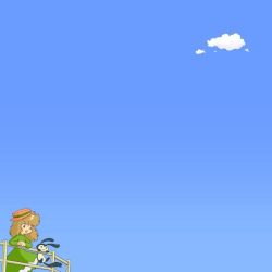 Rule 34 | 1girl, cloud, creature, day, dress, fence, gradient background, green dress, hat, kabiinyo (kab), original, railing, sky, solo, unknown animal