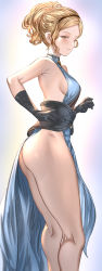 Rule 34 | 1girl, aldehyde, ass, bare shoulders, black gloves, blonde hair, blue dress, breasts, brown eyes, closed mouth, commentary request, djeeta (granblue fantasy), dress, elbow gloves, from side, globes, gloves, gradient background, granblue fantasy, hair ornament, hairband, highres, long hair, looking at viewer, medium breasts, ponytail, seductive smile, sideboob, simple background, sleeveless, smart elegance (granblue fantasy), smile, solo, thighs