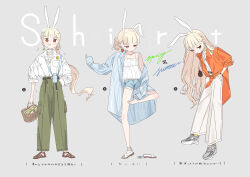 Rule 34 | 1girl, animal ears, basket, blonde hair, camisole, fashion, full body, grey background, hair bun, highres, long hair, multiple views, open clothes, open shirt, original, oversized clothes, oversized shirt, pants, ponytail, rabbit ears, red eyes, rikku-chan (ronna), ronna, shirt, shoes, short shorts, shorts, simple background, sneakers, standing, standing on one leg, tied shirt, very long hair, white camisole, white pants