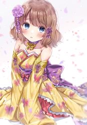 Rule 34 | 1girl, bare shoulders, blue eyes, brown hair, choker, commentary request, detached sleeves, flower, frilled kimono, frills, hair flower, hair ornament, highres, idolmaster, idolmaster million live!, japanese clothes, kimono, lolita fashion, looking at viewer, medium hair, obi, petals, sash, sitting, sleeves past fingers, sleeves past wrists, solo, sorashima (117), suou momoko, wa lolita, white background, wide sleeves