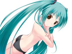 Rule 34 | 1girl, amino, amino kohaku, aqua eyes, aqua hair, arm grab, ass, back, black panties, blush, breasts, butt crack, crossed arms, dutch angle, embarrassed, flat chest, green eyes, green hair, hair ornament, hatsune miku, lace, lace-trimmed panties, lace trim, long hair, looking at viewer, matching hair/eyes, panties, panties only, profile, solo, standing, surprised, topless, transparent background, twintails, underwear, underwear only, very long hair, vocaloid, wallpaper