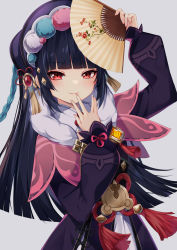 Rule 34 | 1girl, absurdres, arm up, black dress, black hair, black hat, blunt bangs, closed mouth, commentary, dress, folding fan, genshin impact, grey background, hand fan, hat, highres, holding, holding fan, ikazu401, long hair, long sleeves, looking at viewer, puffy long sleeves, puffy sleeves, red eyes, simple background, smile, solo, very long hair, yun jin (genshin impact)