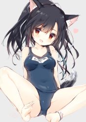 Rule 34 | 1girl, animal ears, azur lane, barefoot, black hair, blush, breasts, brown eyes, character name, commentary request, covered navel, dog ears, dog girl, dog tail, feet, legs, long hair, looking at viewer, medium breasts, one-piece swimsuit, open mouth, ponytail, school swimsuit, shigure (attack i-490!) (azur lane), shigure (azur lane), shiratama (shiratamaco), sitting, sketch, smile, solo, spread legs, swimsuit, tail