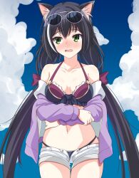 Rule 34 | 1girl, absurdres, animal ear fluff, animal ears, arms under breasts, bare shoulders, bikini, black bikini, black hair, blue sky, blush, bow, cat ears, cat girl, cloud, collarbone, commentary request, crossed arms, embarrassed, eyelashes, eyewear on head, frilled bikini, frills, full-face blush, furrowed brow, green eyes, hair between eyes, hair bow, helvetica std, highres, jacket, karyl (princess connect!), karyl (summer) (princess connect!), long hair, looking to the side, low twintails, medium hair, navel, official alternate costume, open mouth, princess connect!, purple jacket, red bow, shorts, sidelocks, skindentation, sky, solo, stomach, straight hair, sunglasses, swimsuit, thigh gap, thighs, twintails, undressing, very long hair, wavy mouth, white shorts