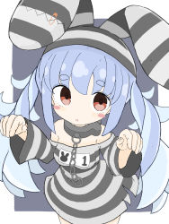 Rule 34 | 1girl, :o, absurdres, animal ears, animal hat, blue hair, blush stickers, breasts, commentary request, dress, fake animal ears, grey background, hands up, hat, highres, hololive, long hair, long sleeves, looking at viewer, off-shoulder dress, off shoulder, parted lips, prison clothes, rabbit ears, red eyes, rururu (pyrk8855), safety pin, short eyebrows, small breasts, solo, striped clothes, striped dress, striped headwear, thick eyebrows, twintails, two-tone background, usada pekora, usada pekora (prisoner), very long hair, virtual youtuber, white background, wide sleeves