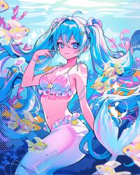 Rule 34 | 1girl, ahoge, air bubble, bikini, bikini top only, blue eyes, blue hair, breasts, bubble, cleavage, fish, floating hair, frills, hair ornament, hairpin, halftone, hand up, hatsune miku, highres, jewelry, long hair, looking at viewer, luna (l000llaby), medium breasts, mermaid, mermay 2024, midriff, monster girl, ocean, swimsuit, twintails, underwater, vocaloid