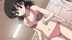 1girl animated animated_gif bikini breast_conscious breasts cleavage female_focus grabbing_another&#039;s_breast groping locker locker_room medium_breasts midriff navel saionji_sekai swimsuit