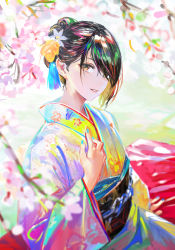 Rule 34 | 1girl, absurdres, black eyes, black hair, blue nails, cherry blossoms, floral print, flower, grin, hair flower, hair ornament, hair over one eye, highres, japanese clothes, kimono, looking at viewer, nababa, nail polish, original, sash, smile, solo