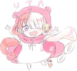 Rule 34 | 1girl, absurdres, artist request, blush stickers, character name, hair over one eye, hair rings, hamster hood, headphones, highres, himouto! umaru-chan, jumping, long hair, looking at viewer, multicolored hair, one piece, one piece film: red, open mouth, parody, purple eyes, red hair, ribbon, simple background, solo, style parody, two-tone hair, uta (one piece), very long hair, white background, white hair