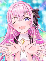 Rule 34 | 1girl, ;d, absurdres, blush, breasts, cleavage, collar, commentary, detached collar, dot nose, english commentary, epaulettes, hair between eyes, hair ornament, headband, highres, idol clothes, long hair, maarin (59567861), medium breasts, megurine luka, mixed-language commentary, more more jump! luka, one eye closed, open hand, open mouth, pink hair, project sekai, purple eyes, smile, solo, sparkle, tongue, vocaloid, white collar, white headband