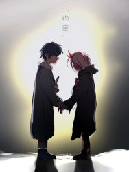 Rule 34 | 10s, 1boy, 1girl, black cloak, black hair, black robe, blue eyes, book, cloak, coat, colored skin, commentary request, couple, darling in the franxx, fringe trim, fur trim, green eyes, grey coat, hair between eyes, holding hands, hand on own chest, highres, hiro (darling in the franxx), holding, holding book, hood, hooded cloak, horns, kaete, long hair, long sleeves, looking at another, oni horns, parka, pink hair, red horns, red skin, robe, short hair, signature, standing, translation request, winter clothes, winter coat, aged down, zero two (darling in the franxx)