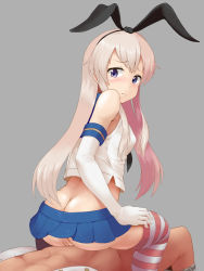 Rule 34 | 10s, 1boy, 1girl, admiral (kancolle), ass, bad id, bad pixiv id, blue eyes, blue skirt, blush, butt crack, elbow gloves, gloves, grey background, hairband, highres, kantai collection, long hair, looking at viewer, looking back, no panties, purple eyes, pussy, raseruta, shimakaze (kancolle), simple background, sitting, sitting on person, skirt, striped clothes, striped thighhighs, thighhighs, uncensored, white gloves, white hair