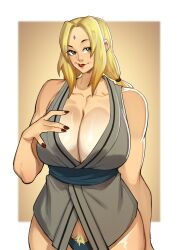 Rule 34 | 1girl, absurdres, blonde hair, blonde pubic hair, breasts, brown eyes, drakkaiart, forehead jewel, highres, huge breasts, long hair, looking at viewer, muscular, muscular female, naruto (series), pubic hair, red lips, red nails, smile, solo, tsunade (naruto)