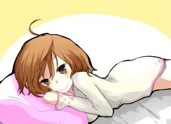 Rule 34 | 1girl, ahoge, ass, breasts, brown eyes, brown hair, closed mouth, commentary request, dress, feet out of frame, floral print, from side, hair between eyes, i.u.y, light blush, long sleeves, looking at viewer, lying, medium breasts, medium hair, misaka worst, no pants, on bed, on stomach, pillow, smile, solo, thighs, toaru majutsu no index, toaru majutsu no index: new testament, vietnamese dress, white dress